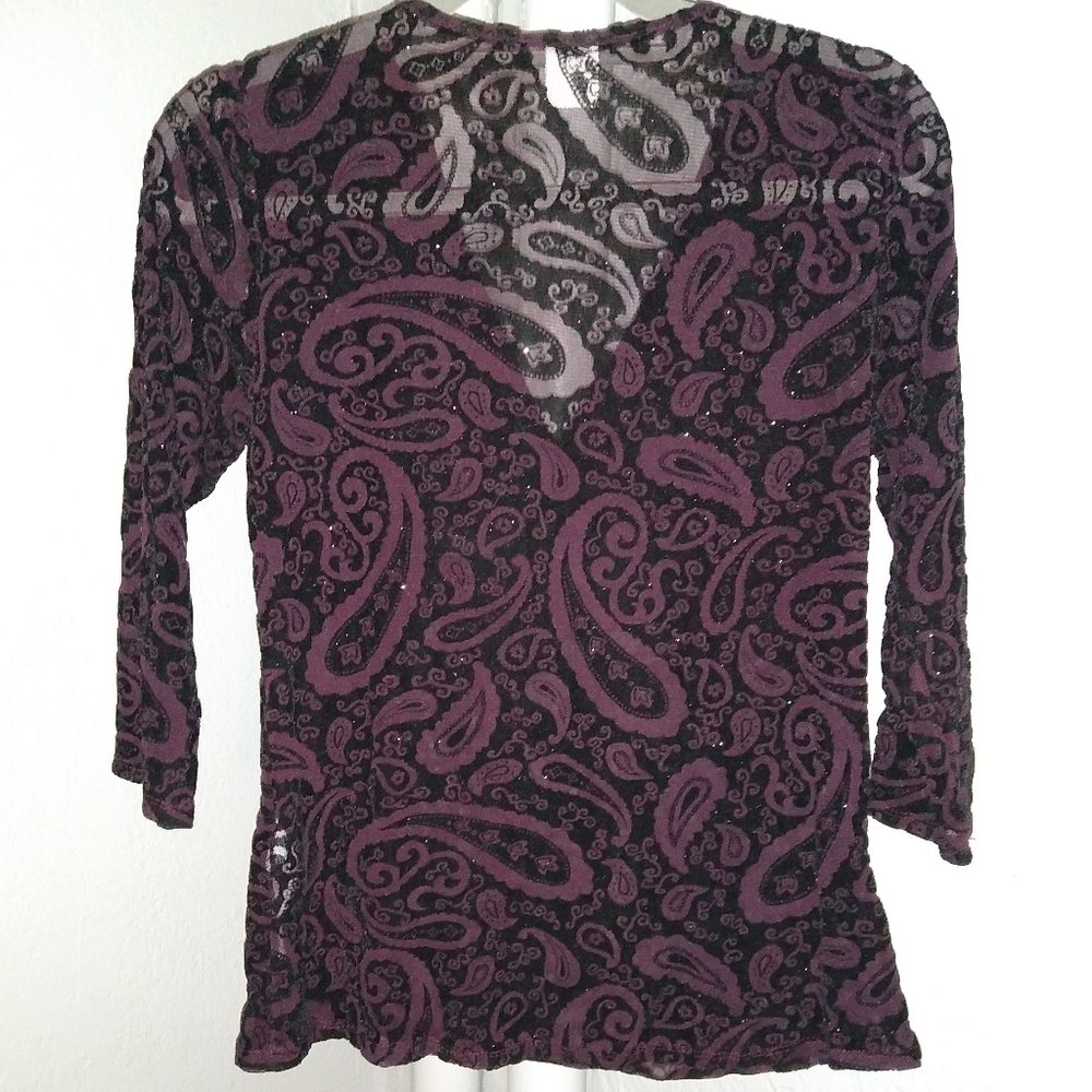 Purple Black Burnout Velvet Blouse Paisley Semi Sheer Goth Whimsygoth Wrap Top - Picture 10 of 14
